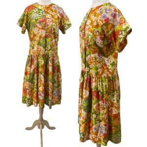 Vintage 60s Floral Butterfly Print Shirt Dress Midi High Neck Green Orange XL